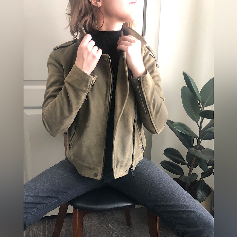 Lucky Brand Genuine Leather Suede Jacket | Olive Green/Grey | Size Small (2-4)